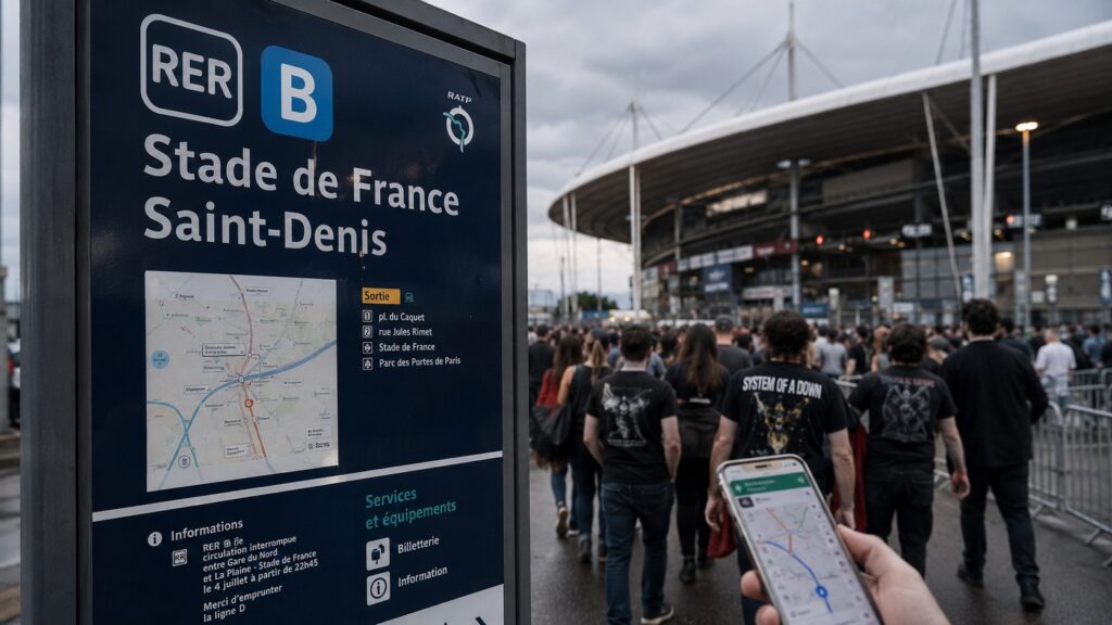 System of a Down joue au Stade de France ce 4 juillet 2026. Heure, premières parties, RER, métro, derniers trains, billet mobile et objets interdits : les informations officielles.