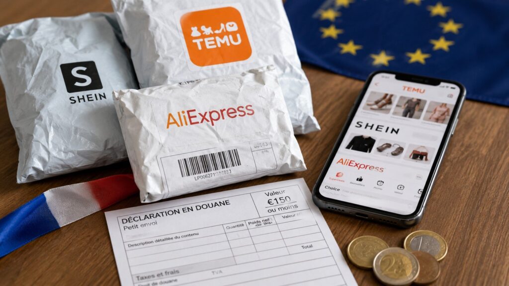 Taxe petits colis supprimée en France : montant du nouveau droit européen, commandes Temu, Shein et AliExpress concernées, calcul des frais et règles pour les colis de moins de 150 euros.