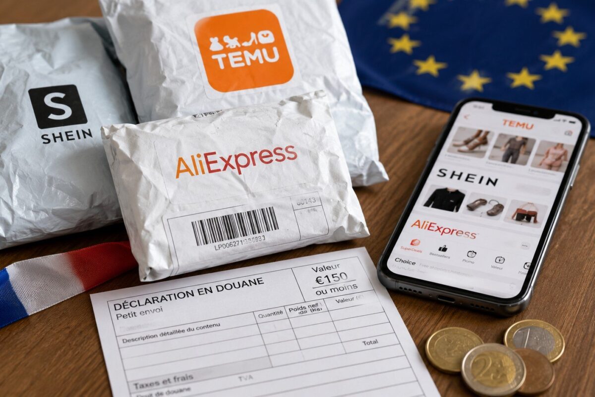 Taxe petits colis supprimée en France : montant du nouveau droit européen, commandes Temu, Shein et AliExpress concernées, calcul des frais et règles pour les colis de moins de 150 euros.